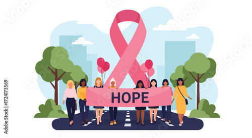 Flat style illustration of women marching holding a pink ribbon and hope banner during Breast Cancer Awareness Day march, symbolizing unity, support, health advocacy, and community strength