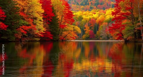 autumn trees reflected in water Seamless looping 4k time-lapse animation video background 