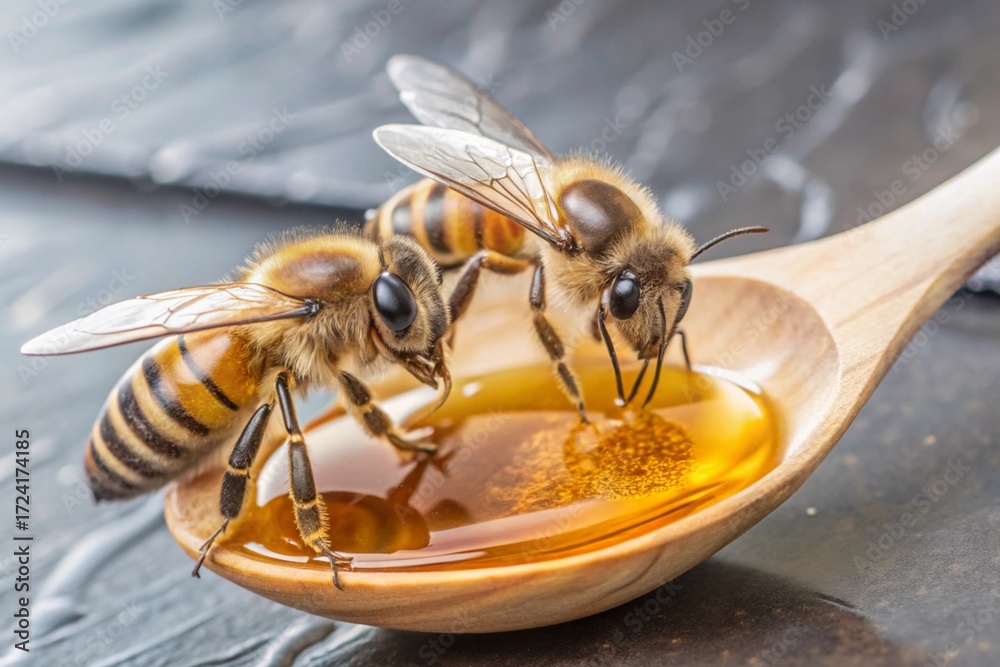 Naklejka premium Close Up of Two Honey Bees Drinking Honey from Wooden Spoon