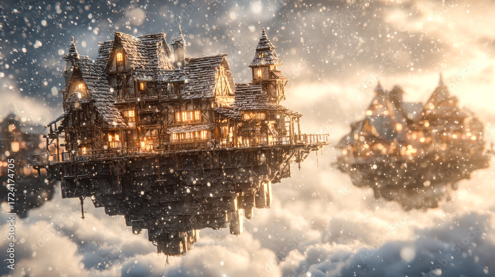 Naklejka premium Magical Floating Town Winter Snowscape Fantasy Art