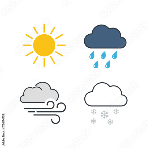 Weather icons representing sunshine, rain, wind, and snow, presented as a simple graphic illustration