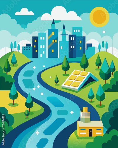 A tranquil river running through a bustling city dotted with floating solar arrays that provide electricity for the residents and reduce their carbon footprint.. Vector illustration