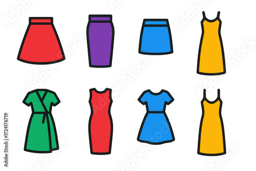 Vibrant Dress Icons. Flat vector icons of dresses and skirts: A-line skirt, pencil skirt, mini skirt, maxi dress, wrap dress,