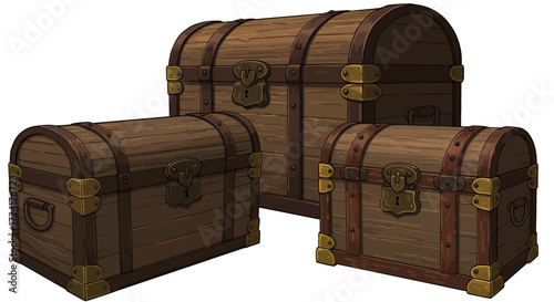 Vintage treasure chests: antique wooden boxes with locks and metal accents