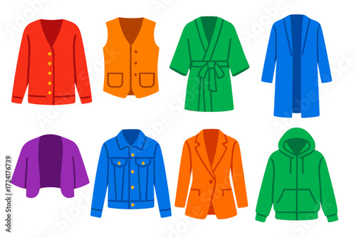 Colorful Layering Icons. Flat vector icons of layering pieces: cardigan, vest, kimono, duster coat, shrug, denim jacket, blazer,