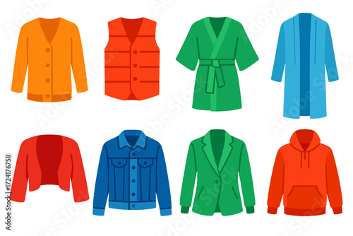 Colorful Layering Icons. Flat vector icons of layering pieces: cardigan, vest, kimono, duster coat, shrug, denim jacket, blazer,