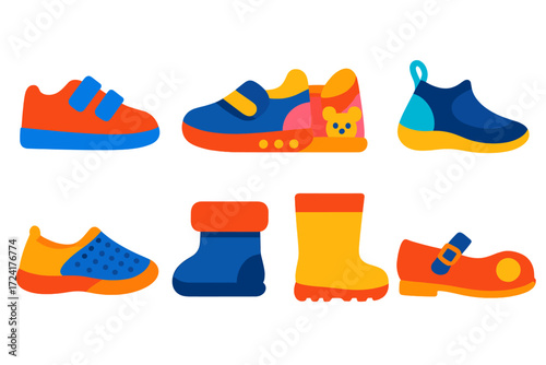 Children's Shoe Icons. Flat vector icons of children’s activity shoes: Velcro sneaker, light-up shoe, character shoe, water shoe,