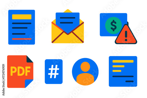 Invoice Management Icons. Flat vector icons of invoice management: invoice template, send email, payment received; overdue alert,