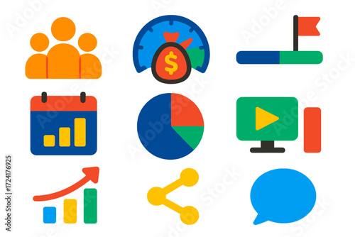 Crowdfunding Analytics Icons. Flat vector icons of crowdfunding analytics: backer count, funding gauge, goal progress; daily
