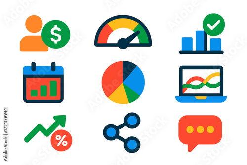 Crowdfunding Analytics Icons. Flat vector icons of crowdfunding analytics: backer count, funding gauge, goal progress; daily