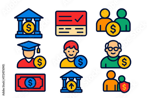 Modern Financial Icons. Flat vector icons of account types: savings account, checking account, joint account; student account,