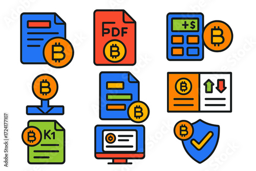 Crypto Tax Icons. Flat vector icons of crypto tax: tax form, report PDF, gain calculation, transaction export, cost basis,
