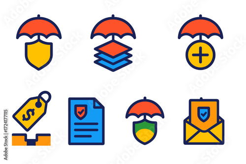 Flat Insurance Icons. Flat vector icons of umbrella insurance: umbrella shield, layered policies, excess coverage; premium tag,