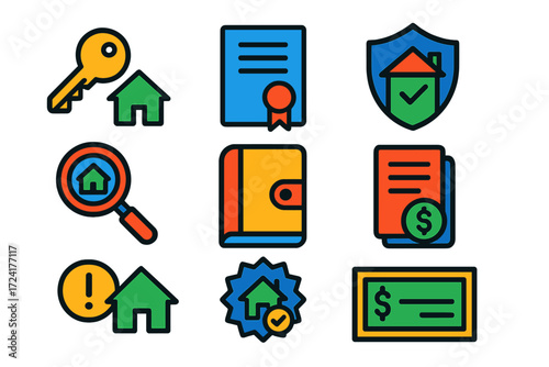 Flat Title Insurance Icons. Flat vector icons of title insurance: house key, deed document, shield; title search, closing binder,