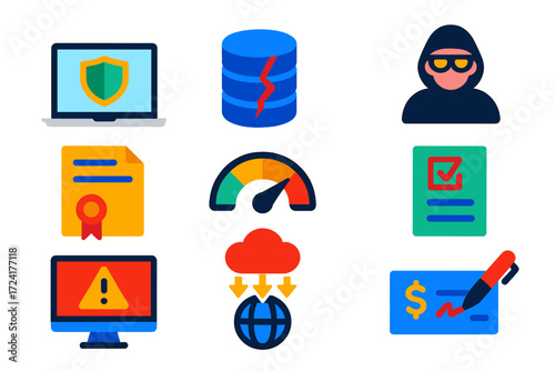 Cyber Insurance Icons. Flat vector icons of cyber insurance: laptop shield, data breach, hacker silhouette; policy document,