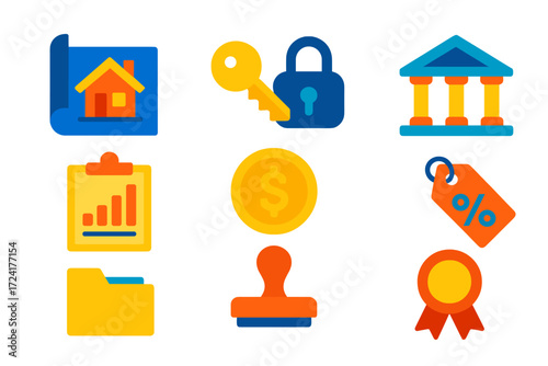Mortgage Loan Icons. Flat vector icons of mortgage loans: house blueprint, key and lock, bank building; amortization schedule,