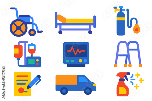 Medical Equipment Icons. Flat vector icons of medical equipment rentals: wheelchair, hospital bed, oxygen tank; infusion pump, ECG
