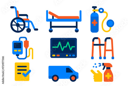 Medical Equipment Icons. Flat vector icons of medical equipment rentals: wheelchair, hospital bed, oxygen tank; infusion pump, ECG