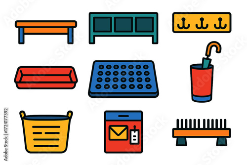 Minimalist Mudroom Icons. Flat vector icons of mudroom interiors: bench, cubby shelf, coat hooks; boot tray, rubber mat, umbrella