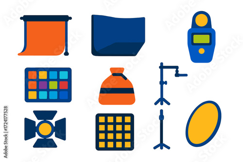 Studio Setup Icons. Flat vector icons of studio setup: photography backdrop, cyclorama wall, light meter, color checker, sandbag,