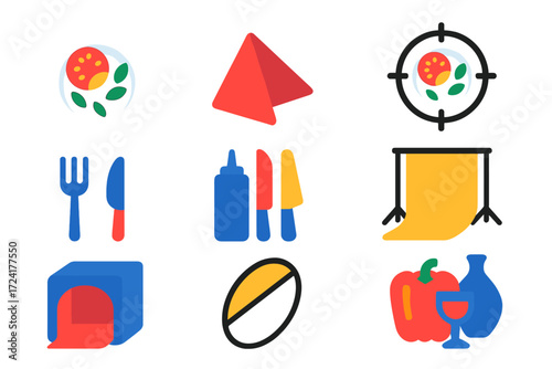 Vibrant Food Photography Icons. Flat vector icons of food photography: plate, fork and knife, napkin, overhead shot icon, food