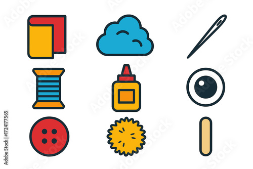 Toy Craft Icons. Flat vector icons of toy crafting materials: felt sheet, stuffing batter, sewing needle, thread spool, fabric