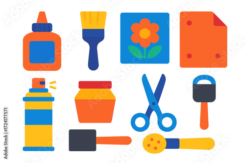 Decoupage Tools Icons. Flat vector icons of decoupage tools: decoupage glue, brush, decorative napkin, sandpaper, sealant spray,