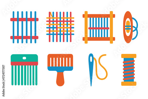 Tapestry Tools Icons. Flat vector icons of tapestry weaving: warp threads, weft threads, loom, shuttle, heddle, beater, tapestry