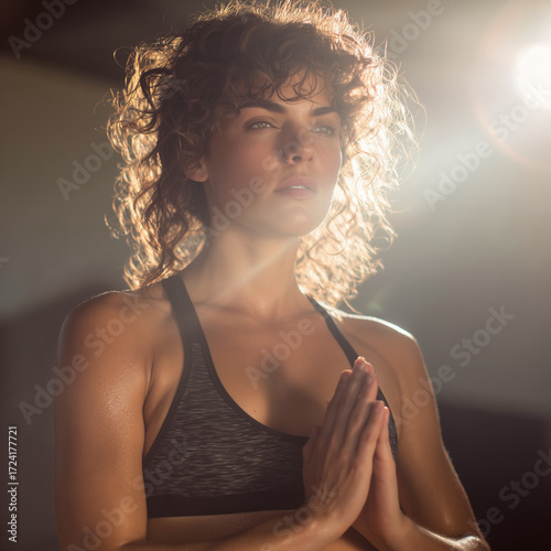  Woman Stretching in Sunlit Yoga Studio Warm Natural Backlight Wellness Commercial Style