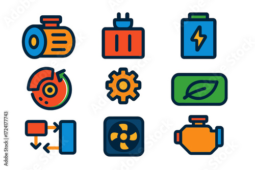Hybrid System Icons. Flat vector icons of hybrid components: electric motor, inverter, battery cell, regenerative brake icon,