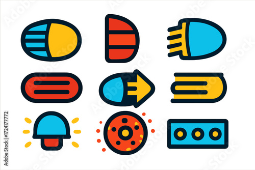 Car Lighting Icons. Flat vector icons of car lighting: headlight, taillight, fog light, brake light, indicator, daytime running