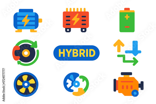 Hybrid System Icons. Flat vector icons of hybrid components: electric motor, inverter, battery cell, regenerative brake icon,