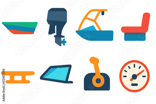 Speedboat Icon Set. Flat vector icons of speedboat features: hull design, outboard engine, wakeboard tower, seating bench, cleat,
