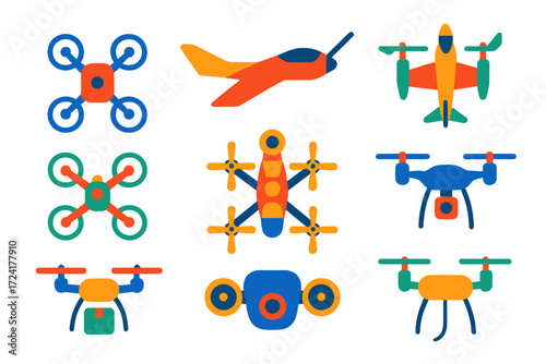 Vibrant Drone Icons. Flat vector icons of unmanned aerial vehicles: quadcopter, fixed-wing drone, VTOL UAV, micro drone, FPV racer