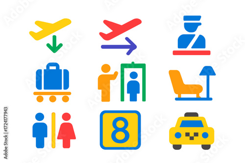 Colorful Airport Icons. Flat vector icons of airport signage: arrivals sign, departures sign, baggage claim sign, security sign,