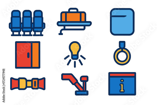 Car Feature Icons. Flat vector icons of passenger car features: seating rows, overhead luggage rack, window panel, sliding door,
