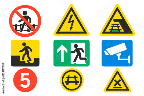 Railway Safety Icons. Flat vector icons of railway safety signage: no trespassing sign, high-voltage warning, mind the gap, watch