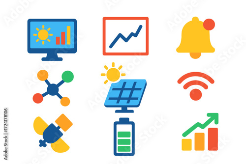Solar Monitoring Icons. Flat vector icons of solar monitoring: dashboard screen, data graph, alerts bell, network icon, sensor