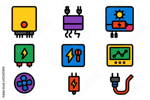 Solar Inverter Icon Set. Flat vector icons of solar inverter systems: string inverter, microinverter, hybrid inverter, DC combiner