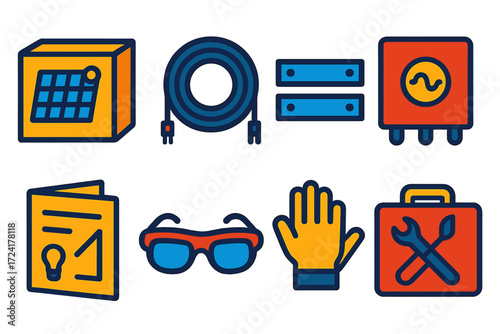 Solar DIY Kit Icons. Flat vector icons of solar DIY kits: panel kit box, wiring bundle, mounting rail set, inverter module,