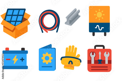 Solar DIY Kit Icons. Flat vector icons of solar DIY kits: panel kit box, wiring bundle, mounting rail set, inverter module,