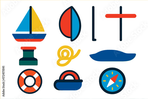 Sailing Icon Set. Flat vector icons of sailing and wind: sailboat, spinnaker sail, boom, mast, deck winch, sheet line, hull