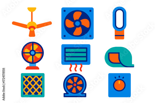 Stylish Fan Icons. Flat vector icons of ventilation and fans: ceiling fan, exhaust fan, desk fan, bladeless fan, HVAC vent, duct