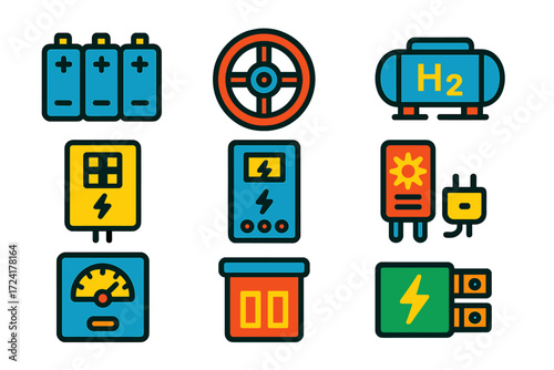 Energy Storage Icons. Flat vector icons of energy storage and wind: battery bank, flywheel, hydrogen tank, grid tie inverter,