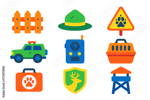 Wildlife Protection Icons. Flat vector icons of wildlife protection: animal fence, ranger hat, patrol vehicle, warning sign,