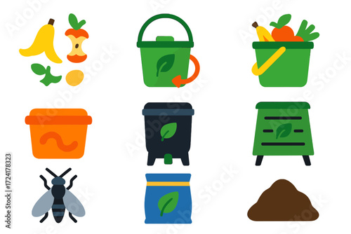 Food Waste Recycling Icons. Flat vector icons of food waste recycling: food scraps, compost pail, kitchen caddy, worm bin, bokashi