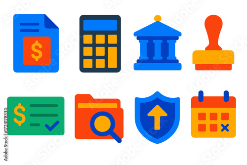 Tax Law Icons. Flat vector icons of tax law: tax return form, calculator, IRS building, penalty stamp, refund check, audit folder,