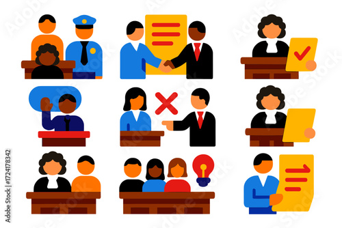 Legal Process Icons. Flat vector icons of court procedures: arraignment, plea bargain, trial, opening statement, cross-examination