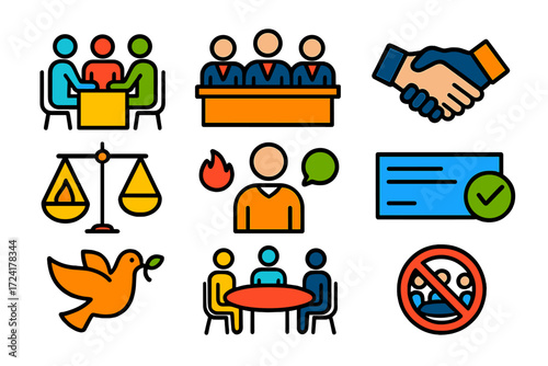 Dispute Resolution Icons. Flat vector icons of dispute resolution: mediation table, arbitration panel, negotiation handshake,