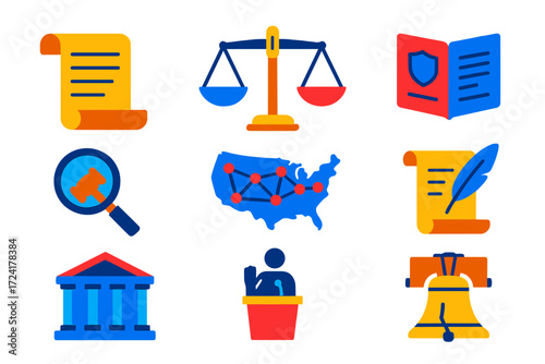 Constitutional Law Icons. Flat vector icons of constitutional law concepts: constitution scroll, separation of powers, bill of